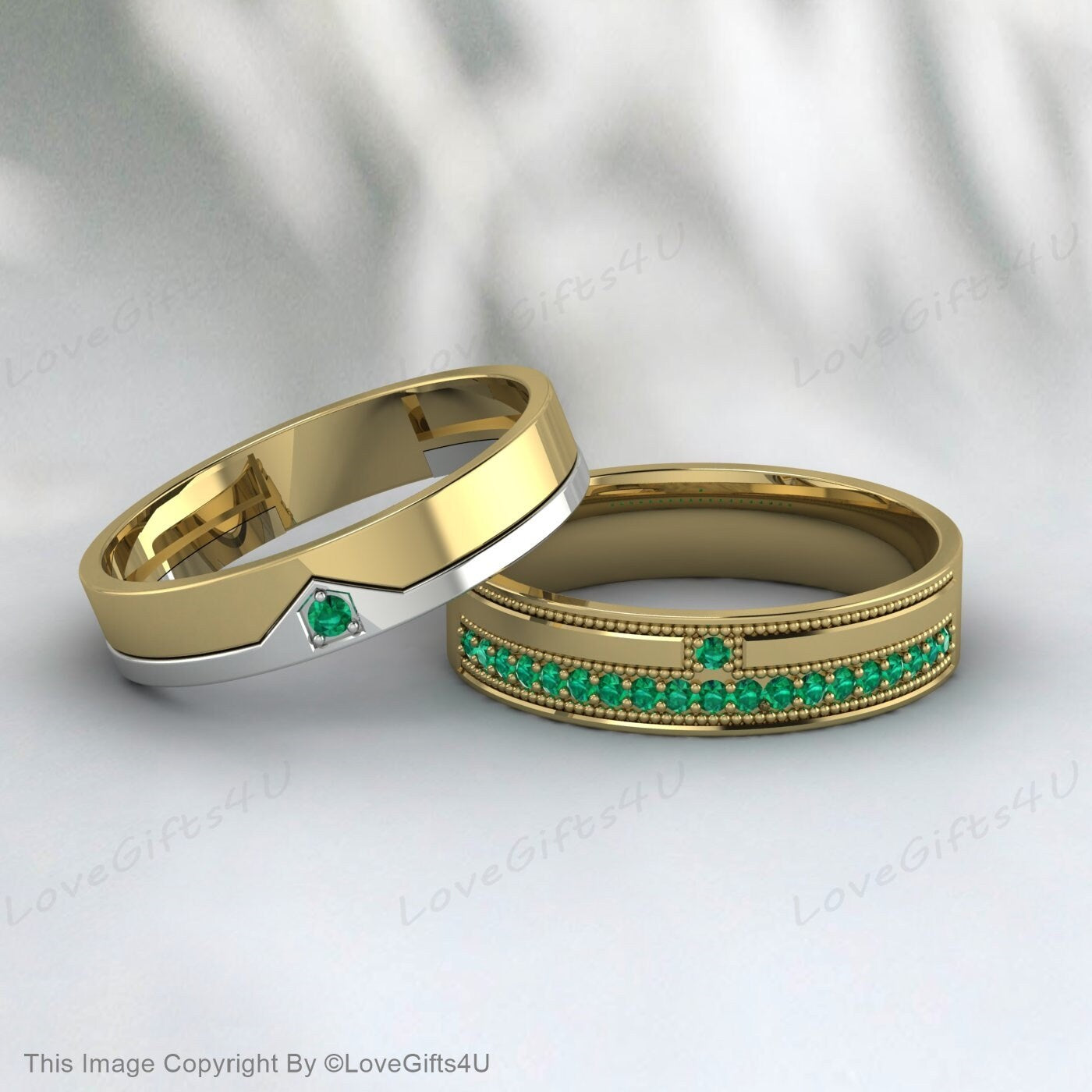 Green Emerald Couples Ring Set For Couples Wedding Bands His And Hers