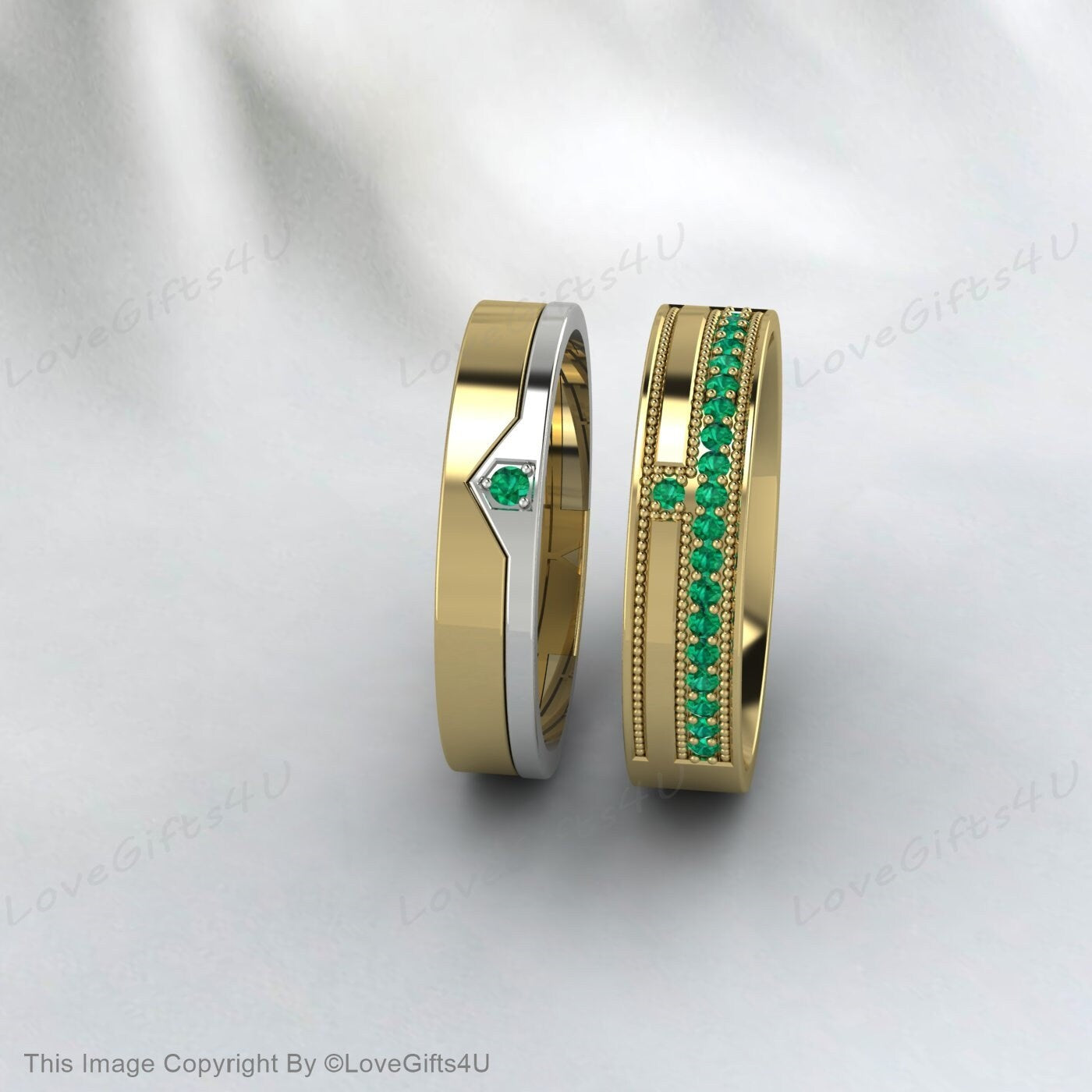 Green Emerald Couples Ring Set For Couples Wedding Bands His And Hers