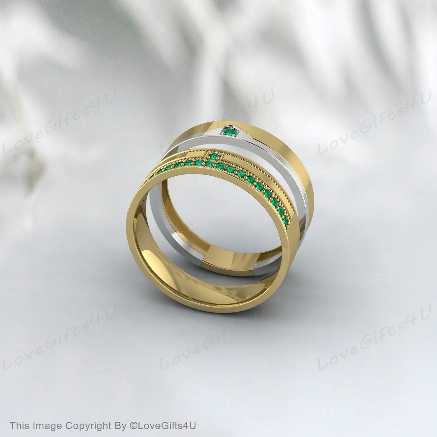 Green Emerald Couples Ring Set For Couples Wedding Bands His And Hers