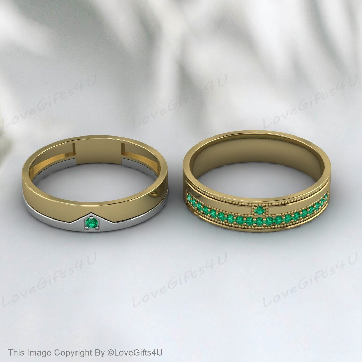 Green Emerald Couples Ring Set For Couples Wedding Bands His And Hers