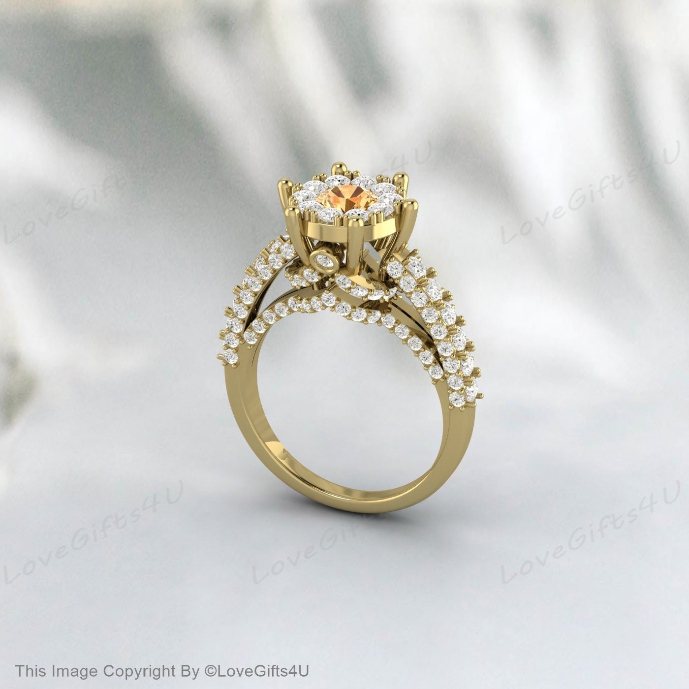Yellow Citrine Engagement Ring Simulated Diamond Halo Wedding Ring