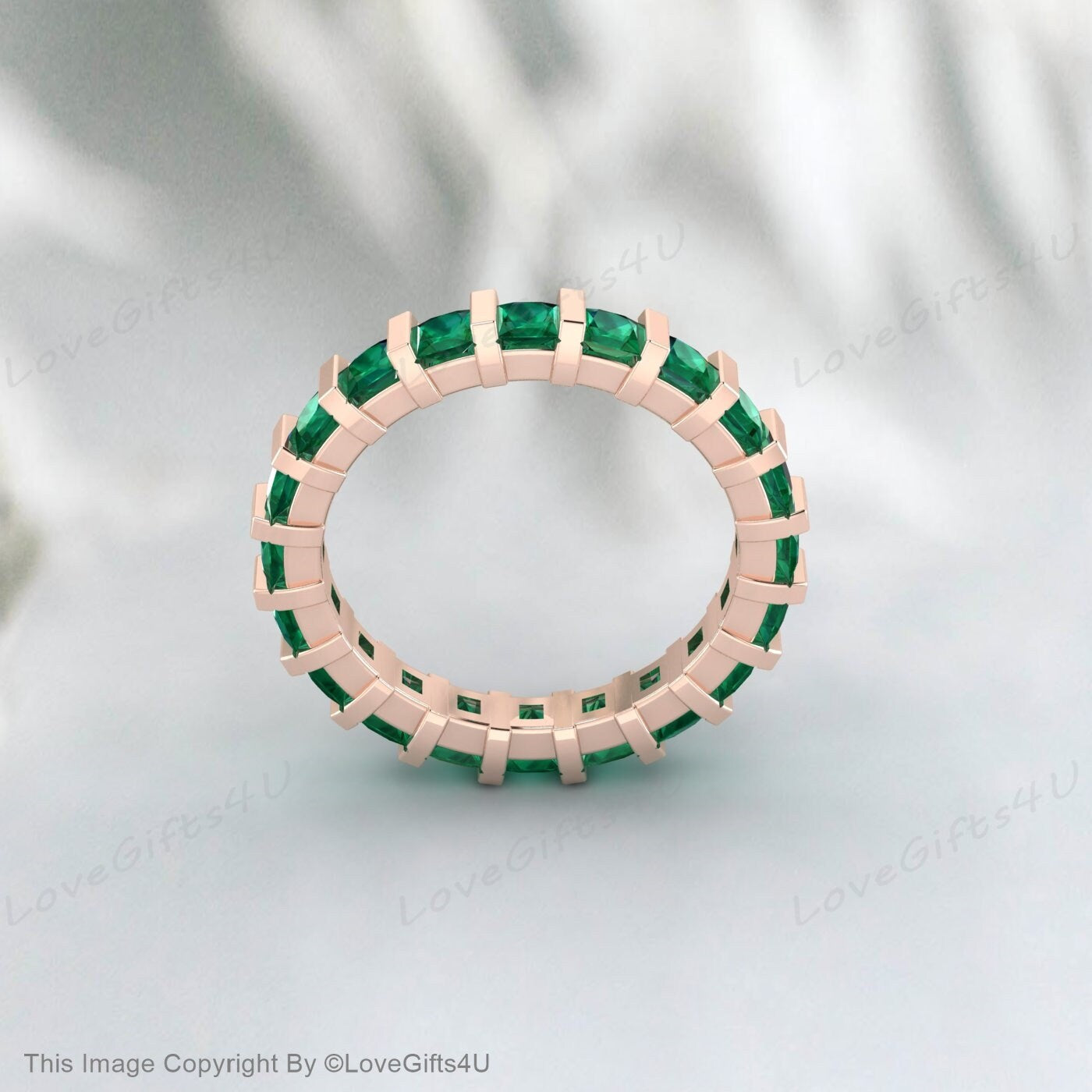 Solid 14K Yellow Gold Ring, 2.5ct Princess Cut Emerald Wedding Band, Full Eternity Wedding Band, Promise Ring, Stacking Matching Band