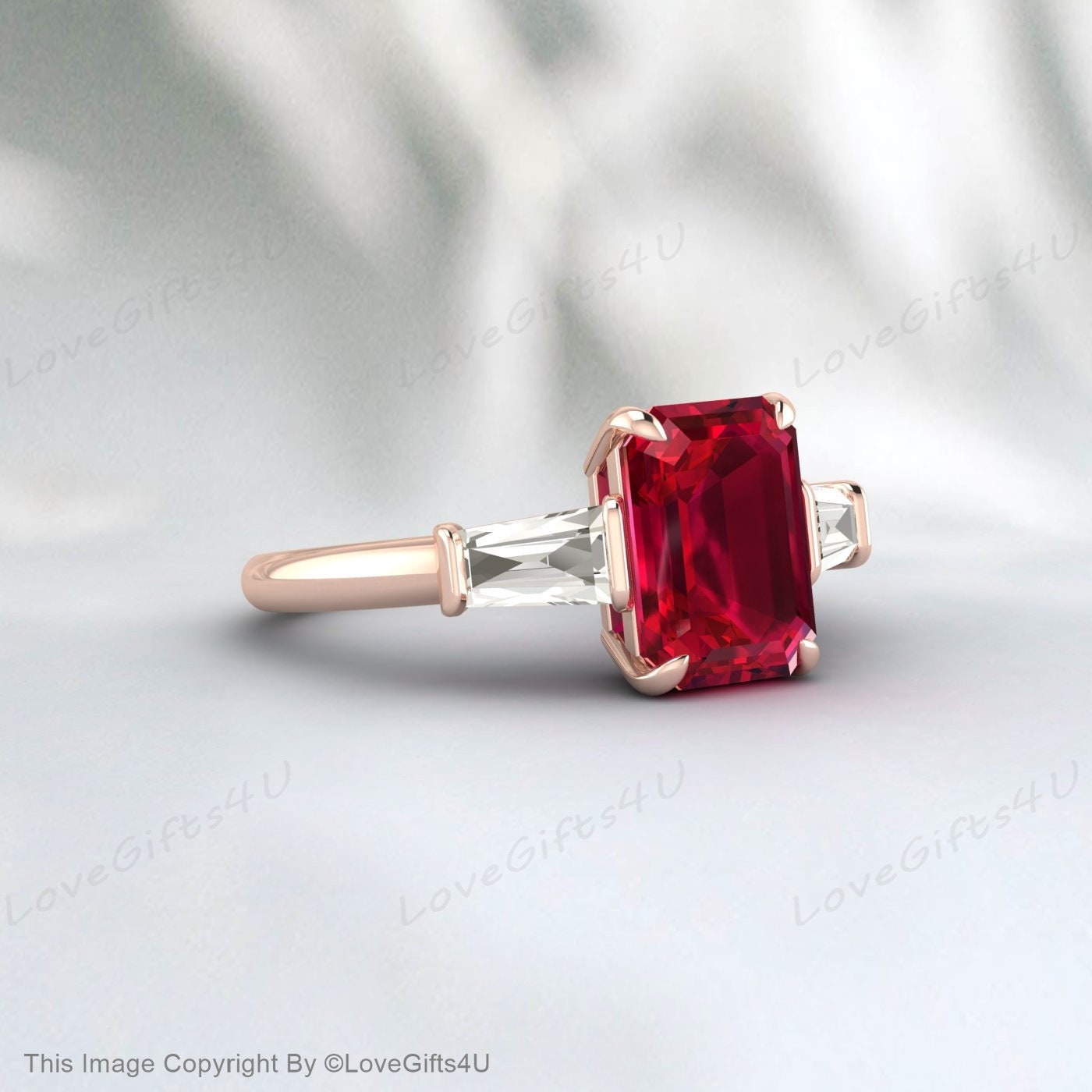 Bague de fiançailles rubis taille émeraude baguette en argent diamant rubis Cz