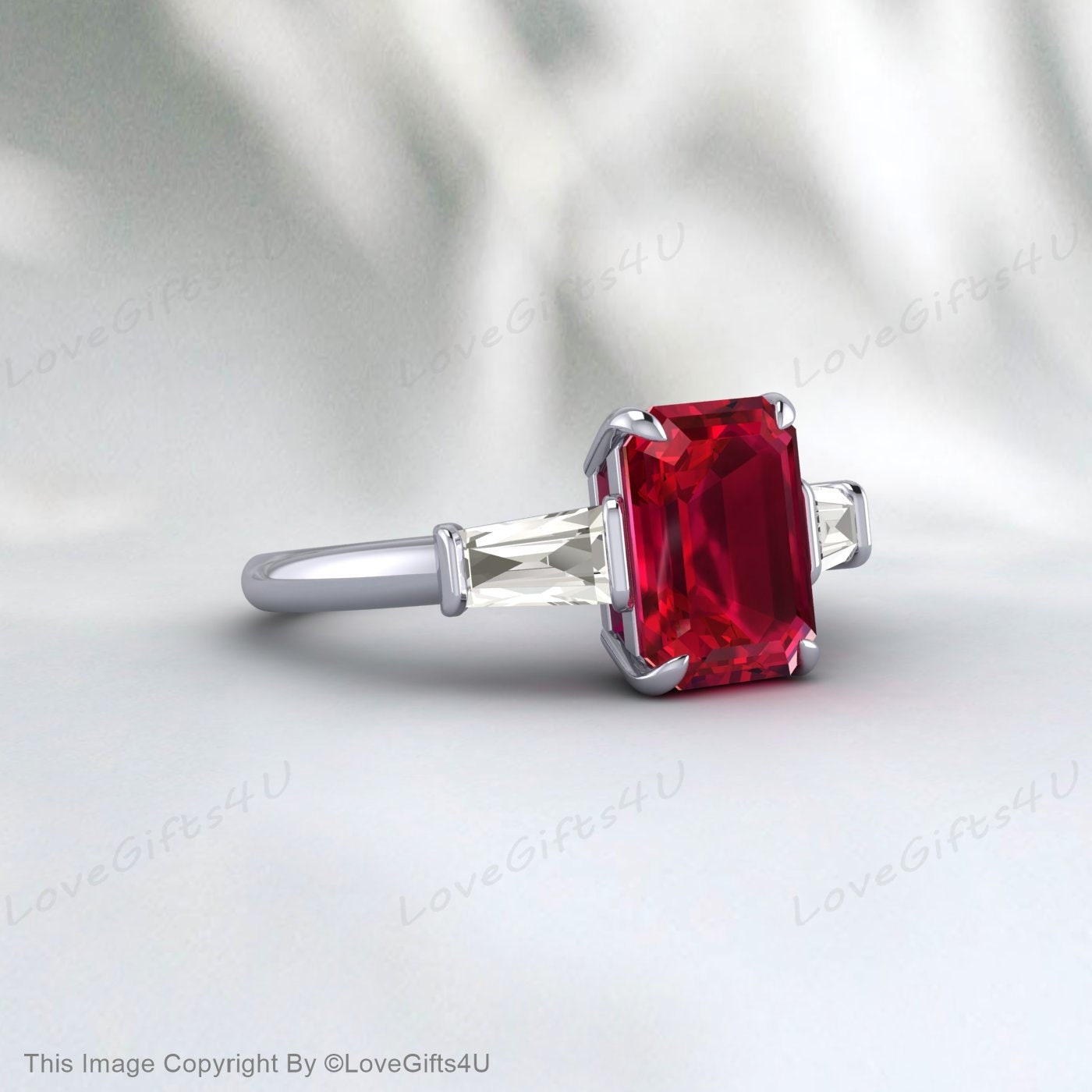 Bague de fiançailles rubis taille émeraude baguette en argent diamant rubis Cz