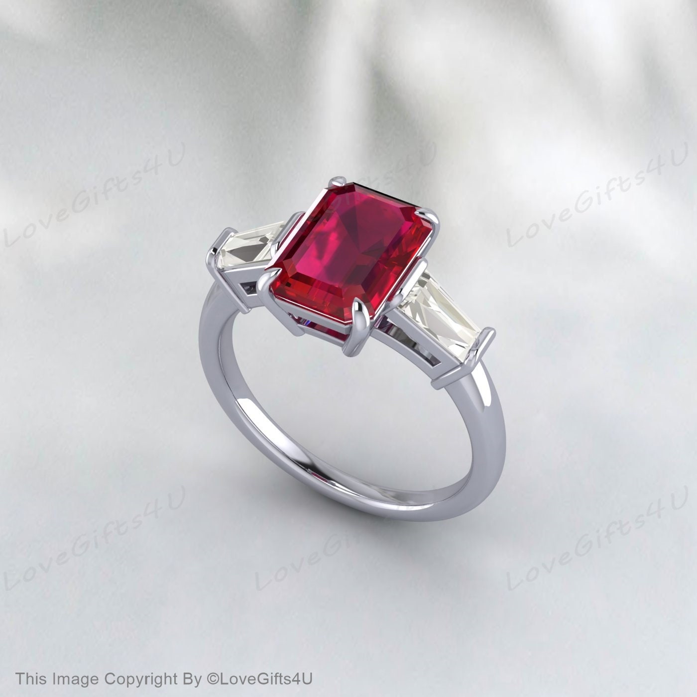 Bague de fiançailles rubis taille émeraude baguette en argent diamant rubis Cz