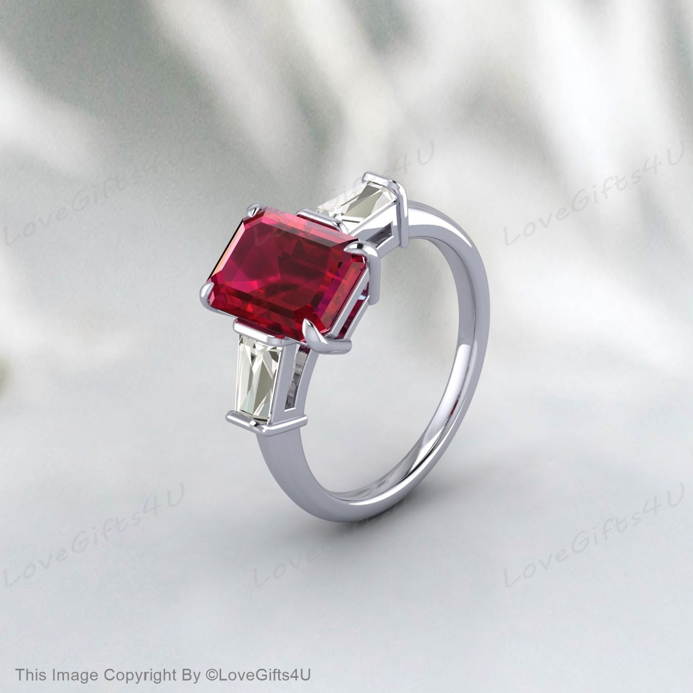 Bague de fiançailles rubis taille émeraude baguette en argent diamant rubis Cz