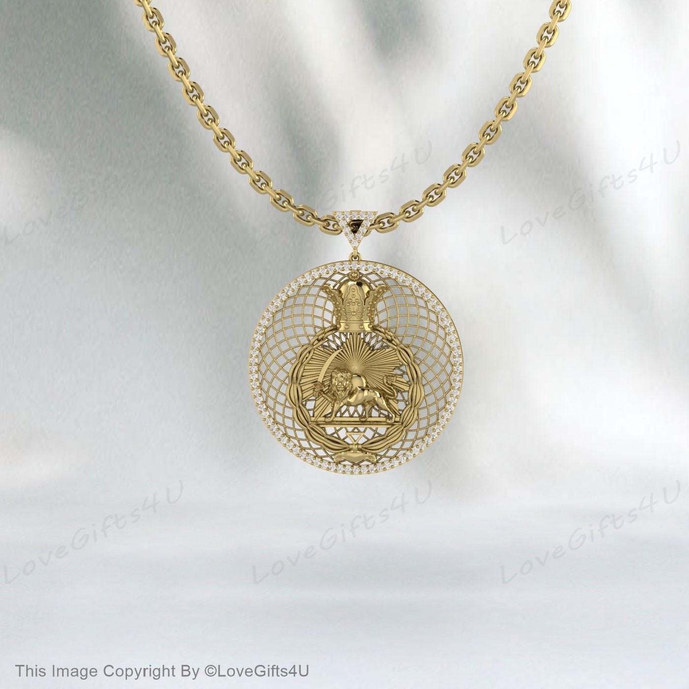 Loin and sun Pendant, Animal Necklace, Pahlavi dynasty pendant, 925 Sterling Silver pendent Persian Pahlavi Kingdom Leo Necklace