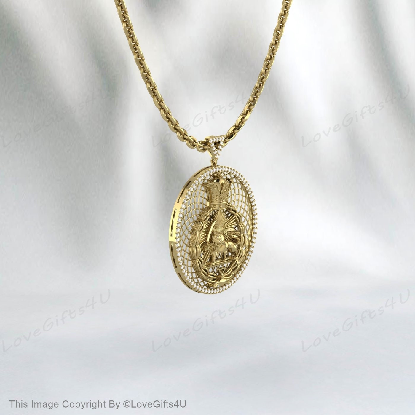 Loin and sun Pendant, Animal Necklace, Pahlavi dynasty pendant, 925 Sterling Silver pendent Persian Pahlavi Kingdom Leo Necklace