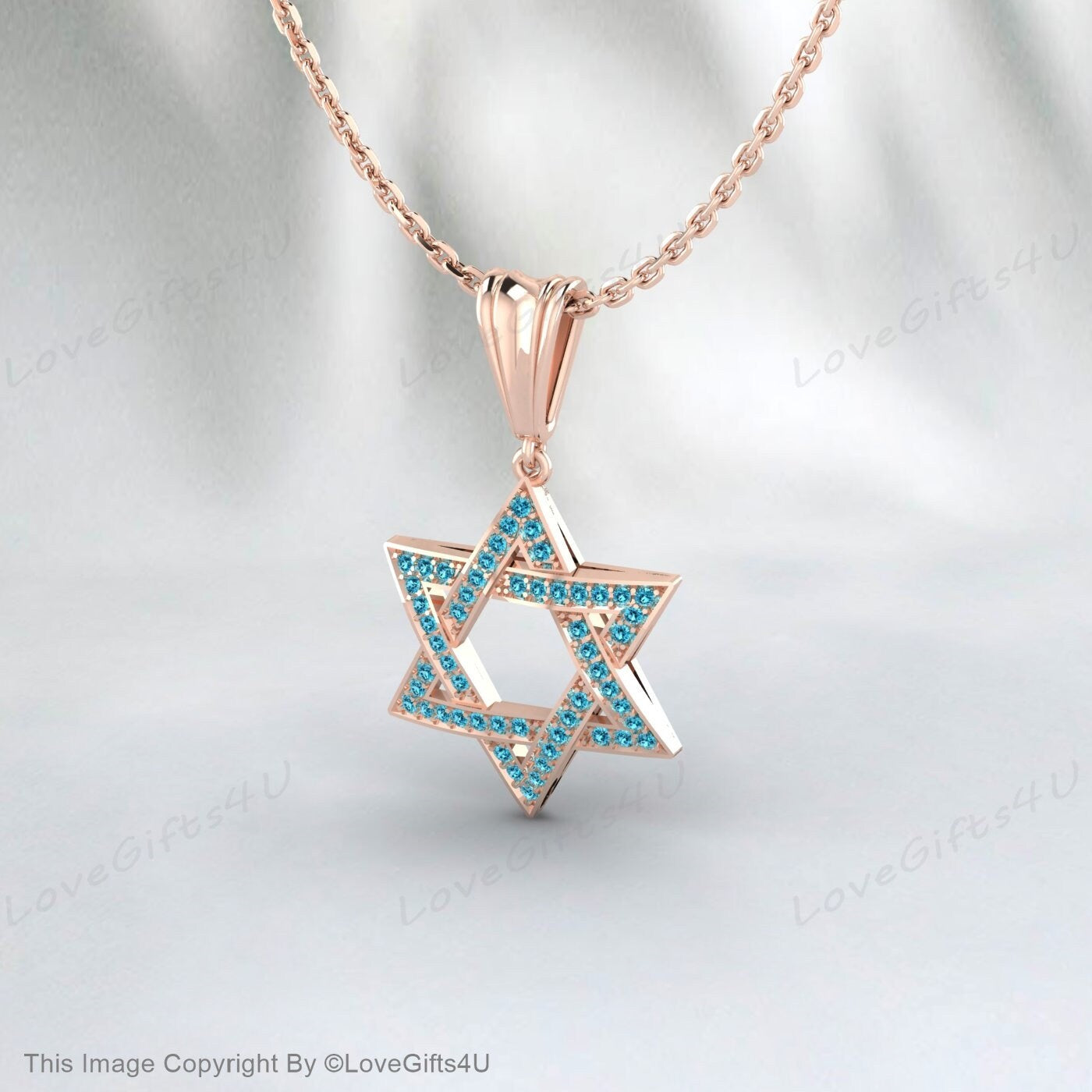 David Star Necklace Women, Gold Star Of David Necklace, Gift for Bat Mitzvah, Blue Diamond Star Of David Pendant, Unisex April Birthstone