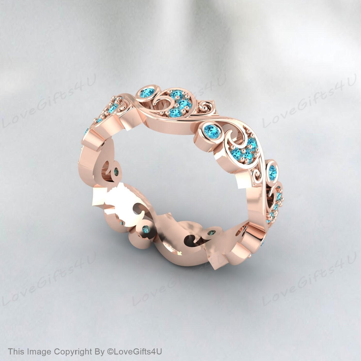 Volle Ewigkeit Blatt Rebe natürlichen blauen Zirkon Ring Vintage Ehering