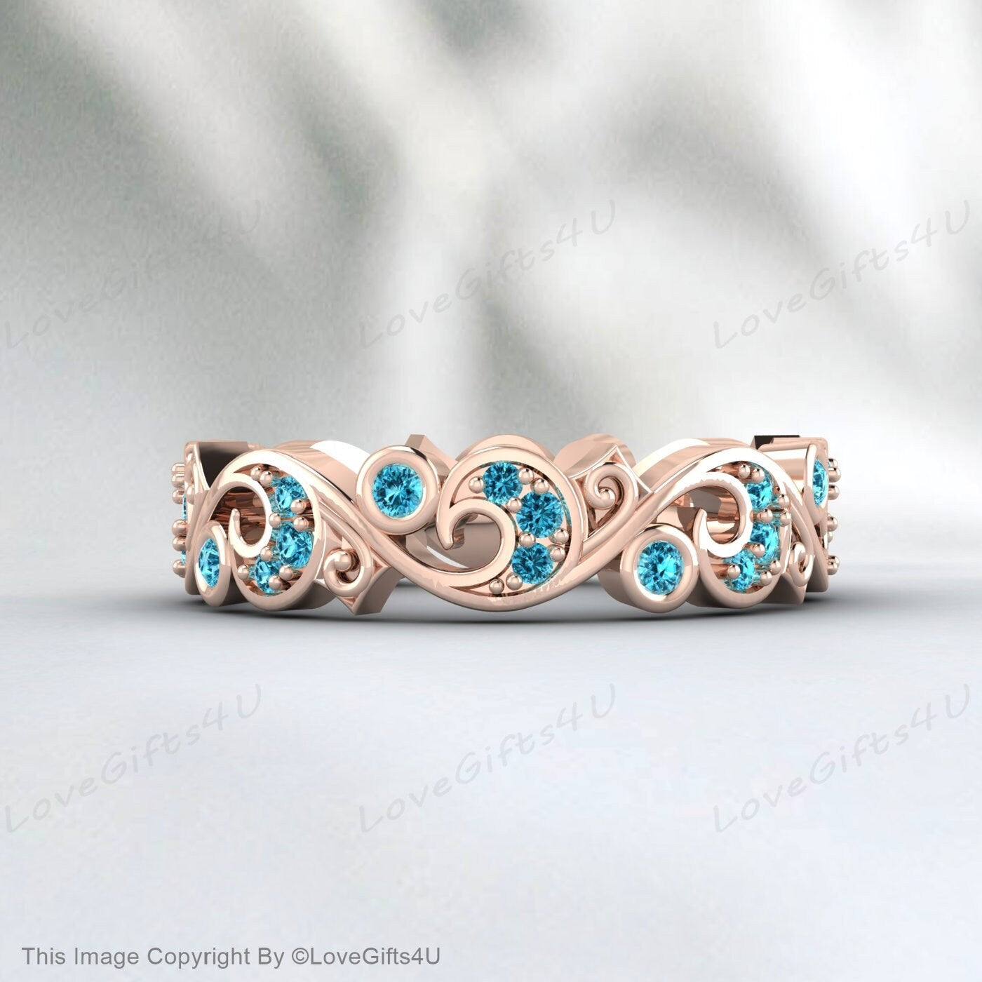 Volle Ewigkeit Blatt Rebe natürlichen blauen Zirkon Ring Vintage Ehering