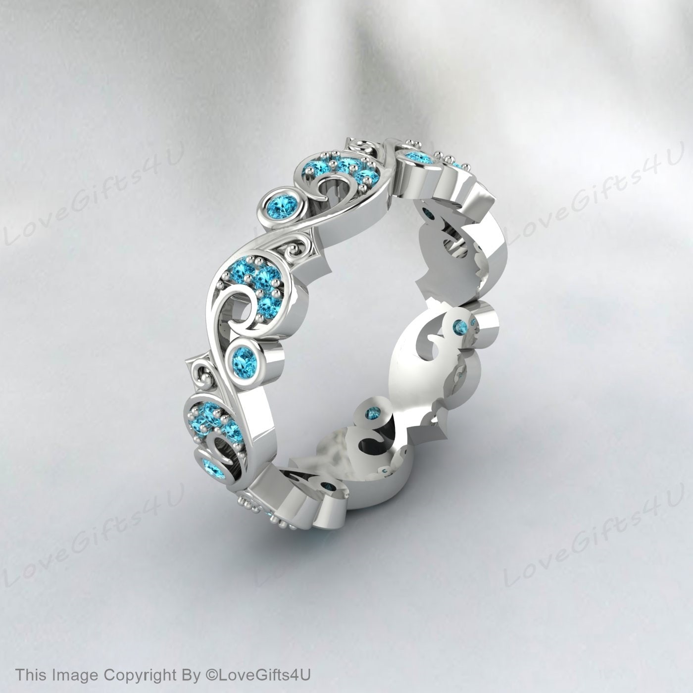 Volle Ewigkeit Blatt Rebe natürlichen blauen Zirkon Ring Vintage Ehering