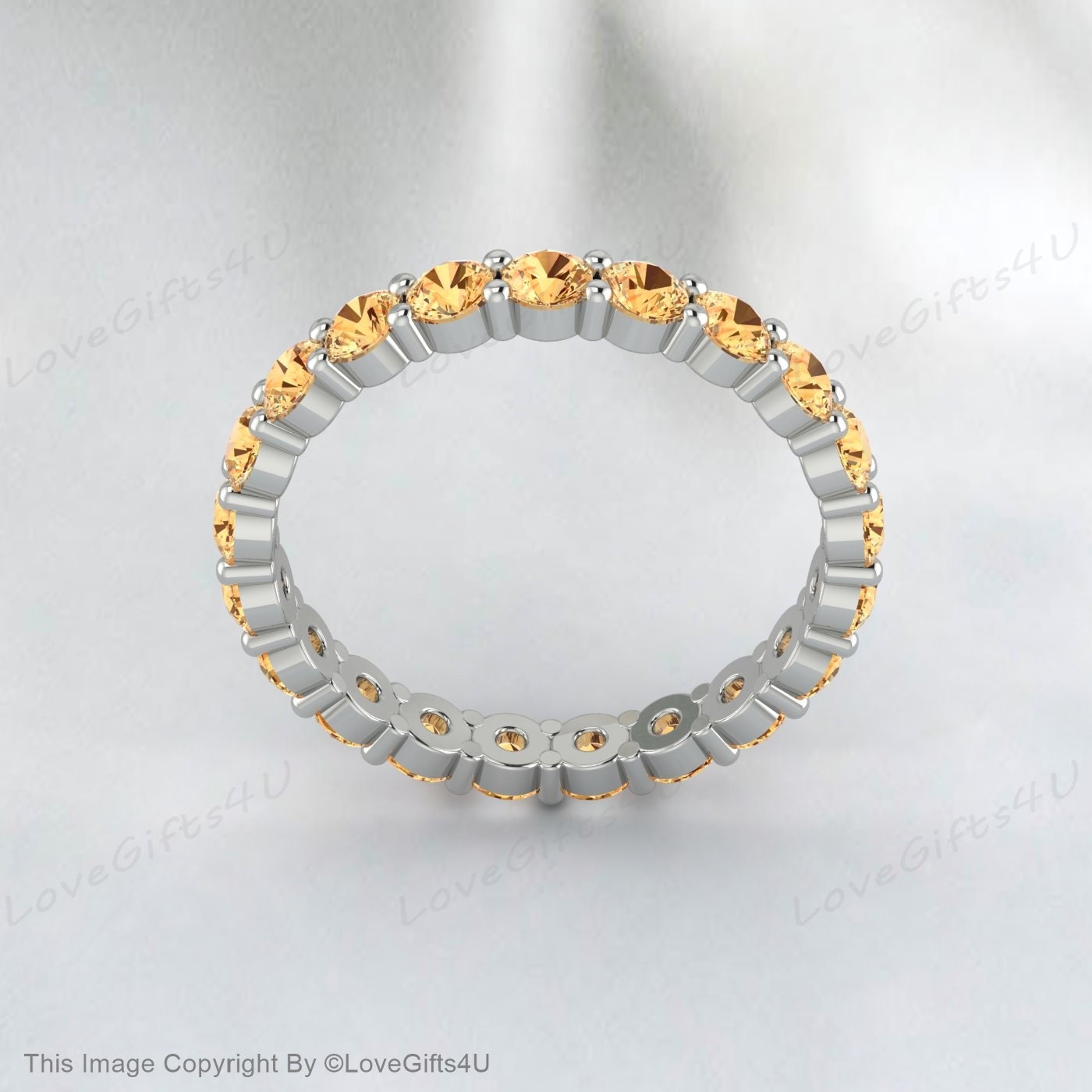 Vintage Citrine Wedding Band, 14K Solid Gold Yellow Round Citrine Band, Anniversary Gifts For Mother, Full eternity Stacking Matching Band