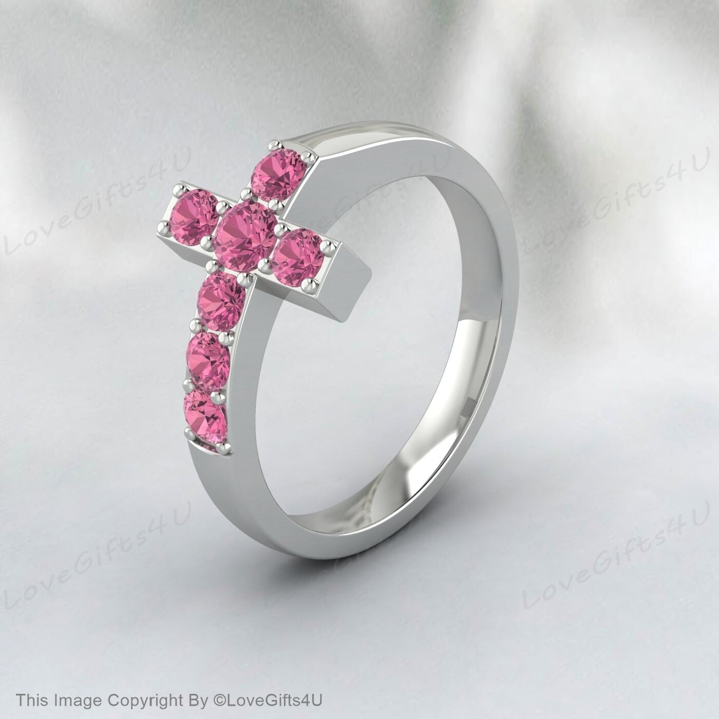 Pink Tourmaline Cross Ring Promise Ring Christian Religious Jewelry