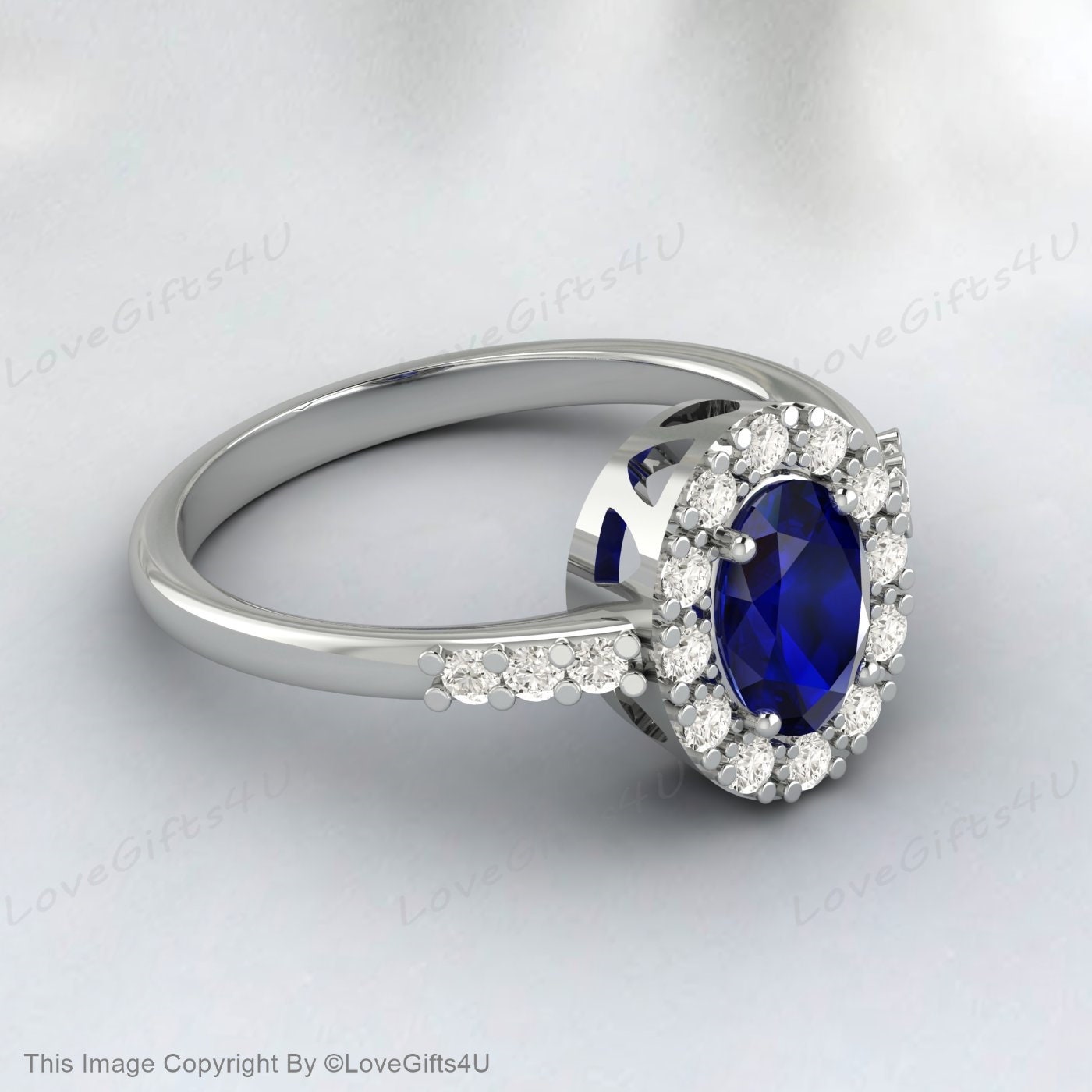 Oval Cut Lab Sapphire Engagement Ring Diamond Vintage Wedding Ring