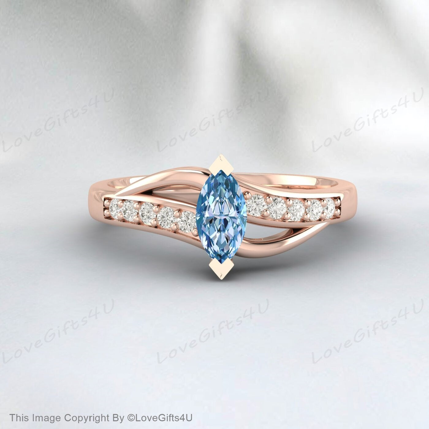 Marquise Cut Sky Blue Topaz Fleur Ring Silver Vermeil Engagement Ring