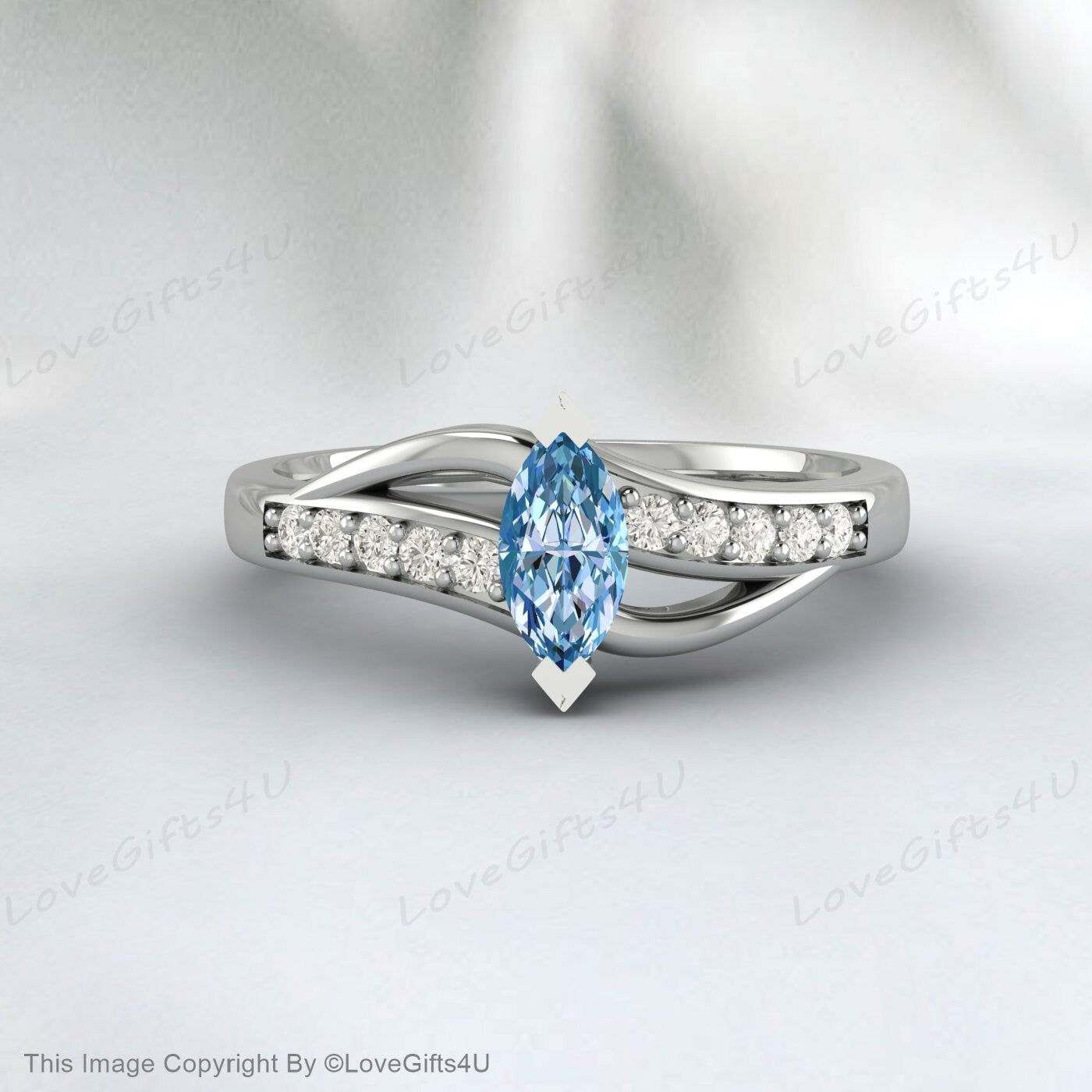 Marquise Cut Sky Blue Topaz Fleur Ring Silver Vermeil Engagement Ring
