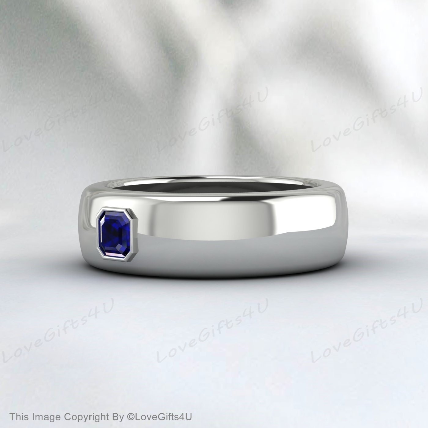 Blue Sapphire Men's Wedding Band Sterling Silver | Princess Cut Comfort Fit Ring