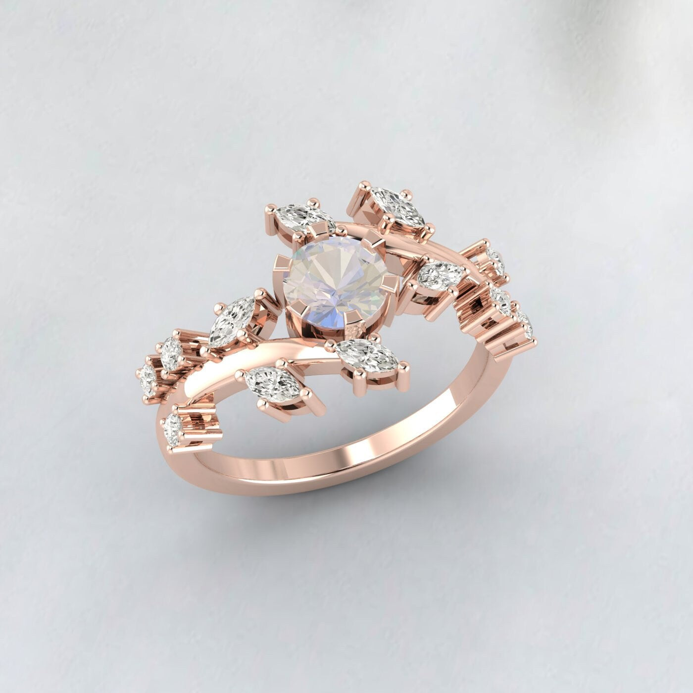 Moonstone Diamond Cluster leaf style ring Bridal Unique wedding Band