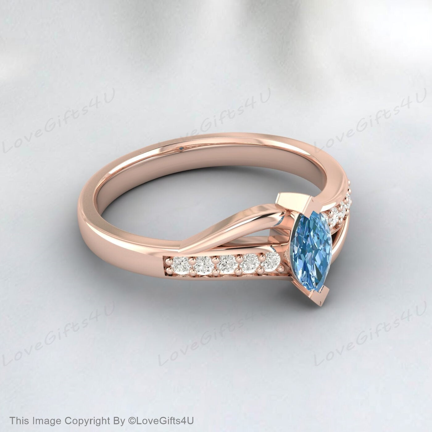 Marquise Cut Sky Blue Topaz Fleur Ring Silver Vermeil Engagement Ring