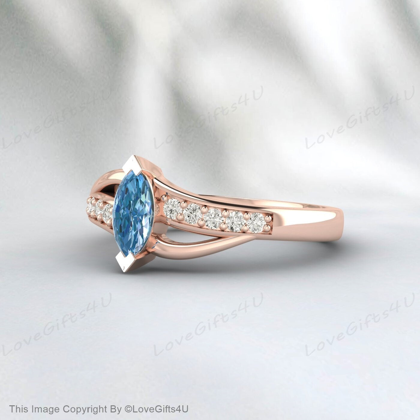 Marquise Cut Sky Blue Topaz Fleur Ring Silver Vermeil Engagement Ring