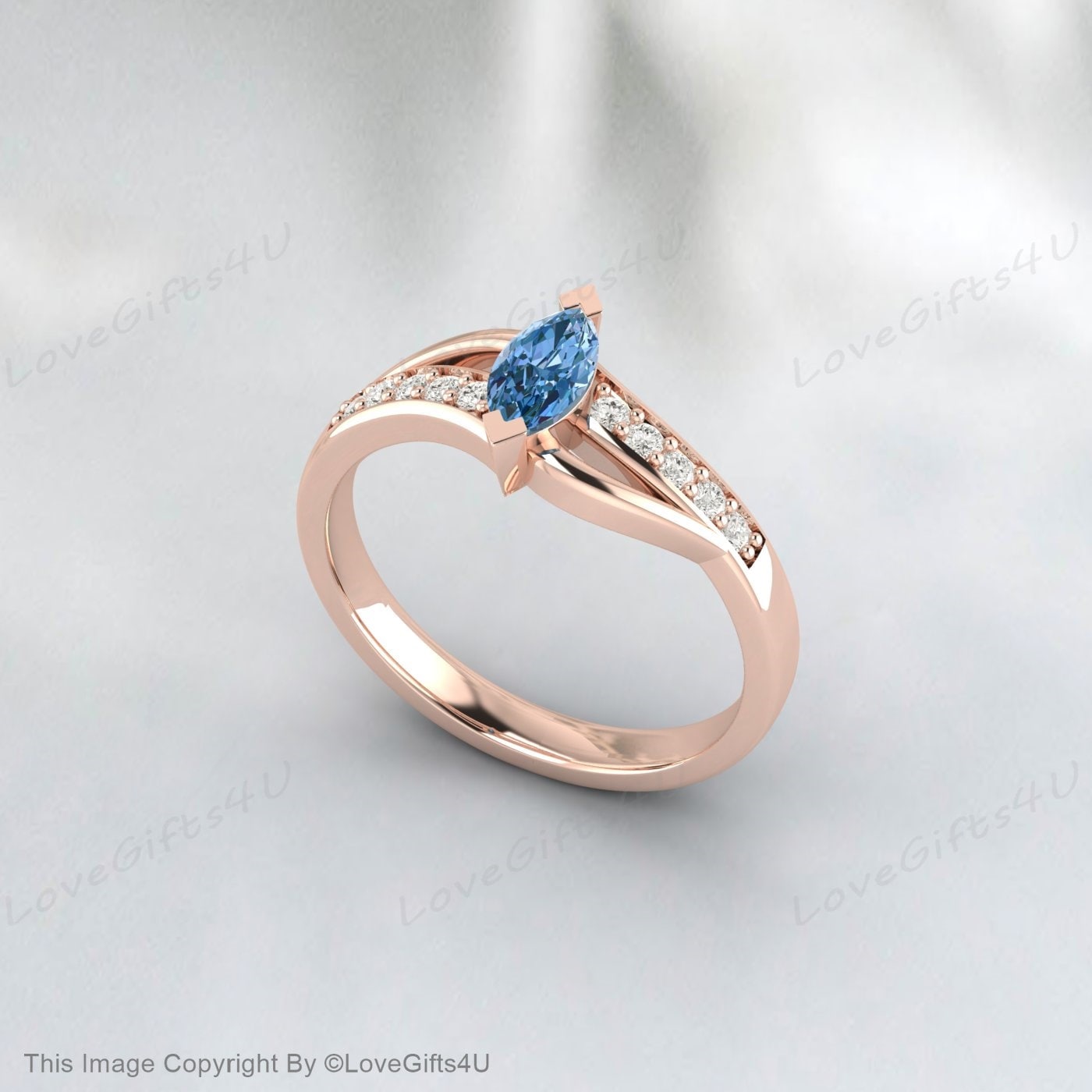Marquise Cut Sky Blue Topaz Fleur Ring Silver Vermeil Engagement Ring