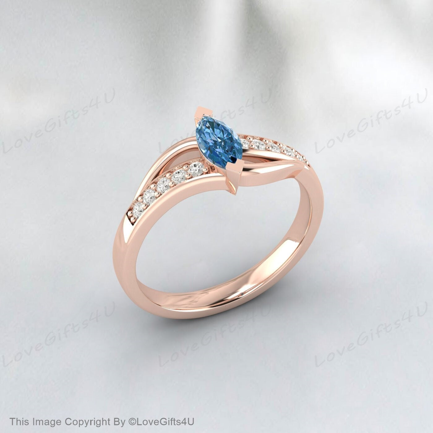 Marquise Cut Sky Blue Topaz Fleur Ring Silver Vermeil Engagement Ring
