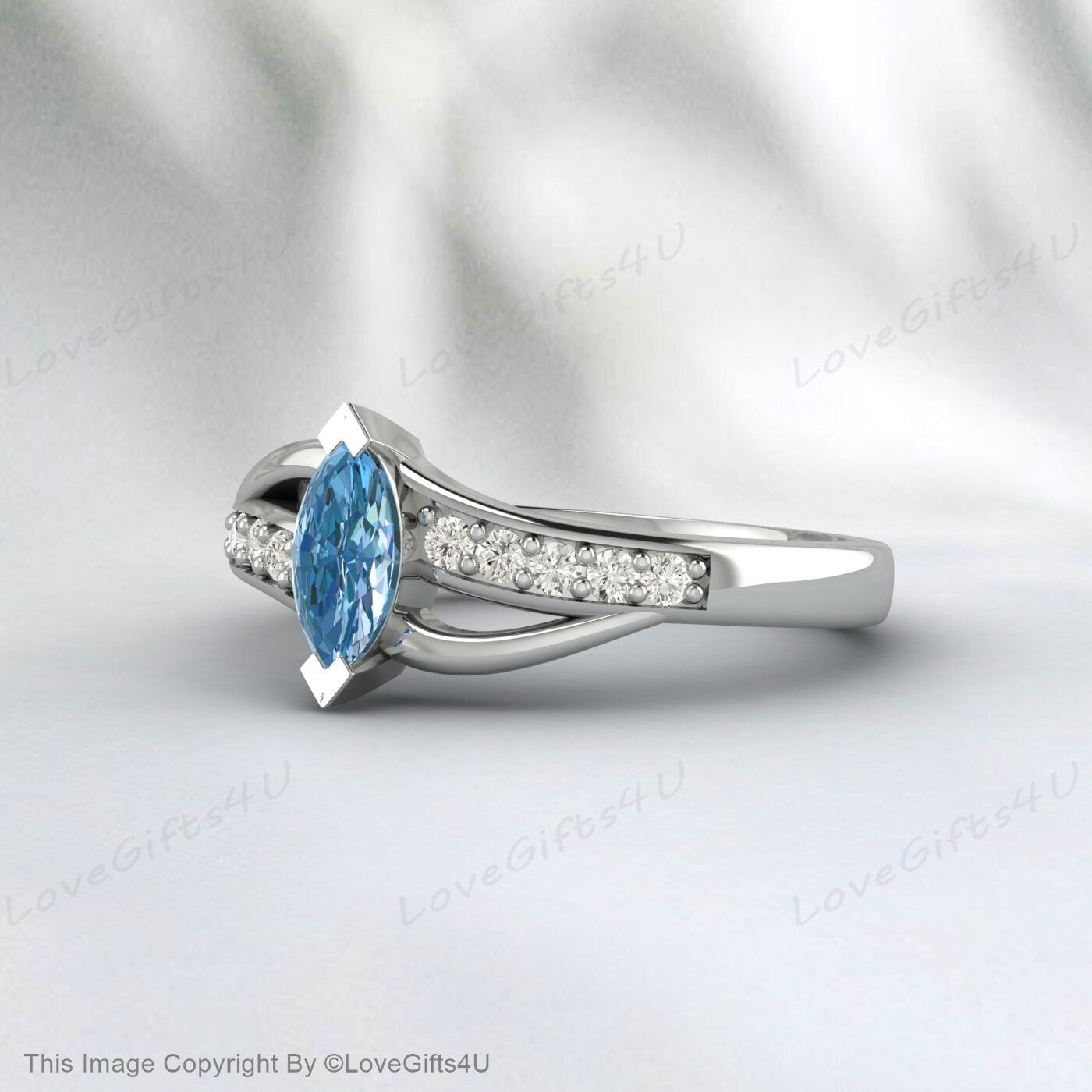 Marquise Cut Sky Blue Topaz Fleur Ring Silver Vermeil Engagement Ring