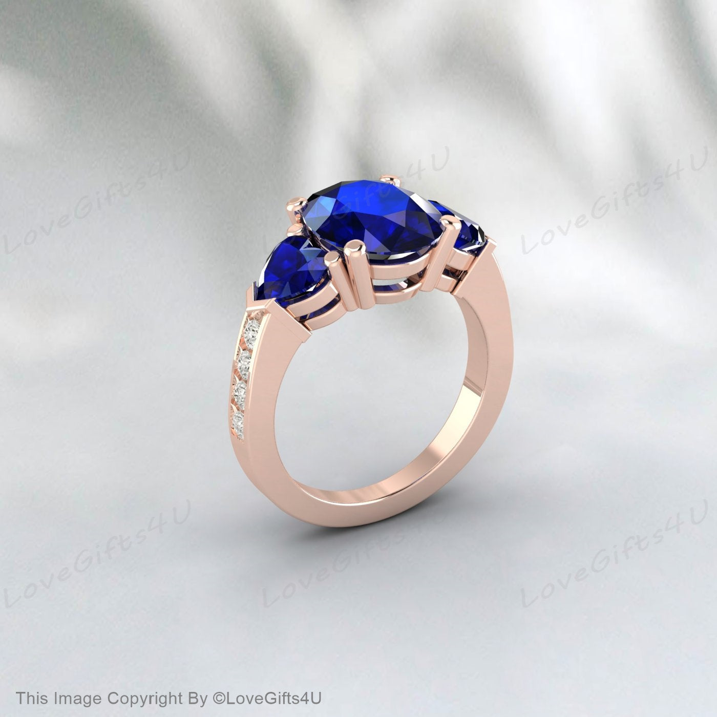 Silver Blue Sapphire Oval Cut September Birthstone Engagement Ring