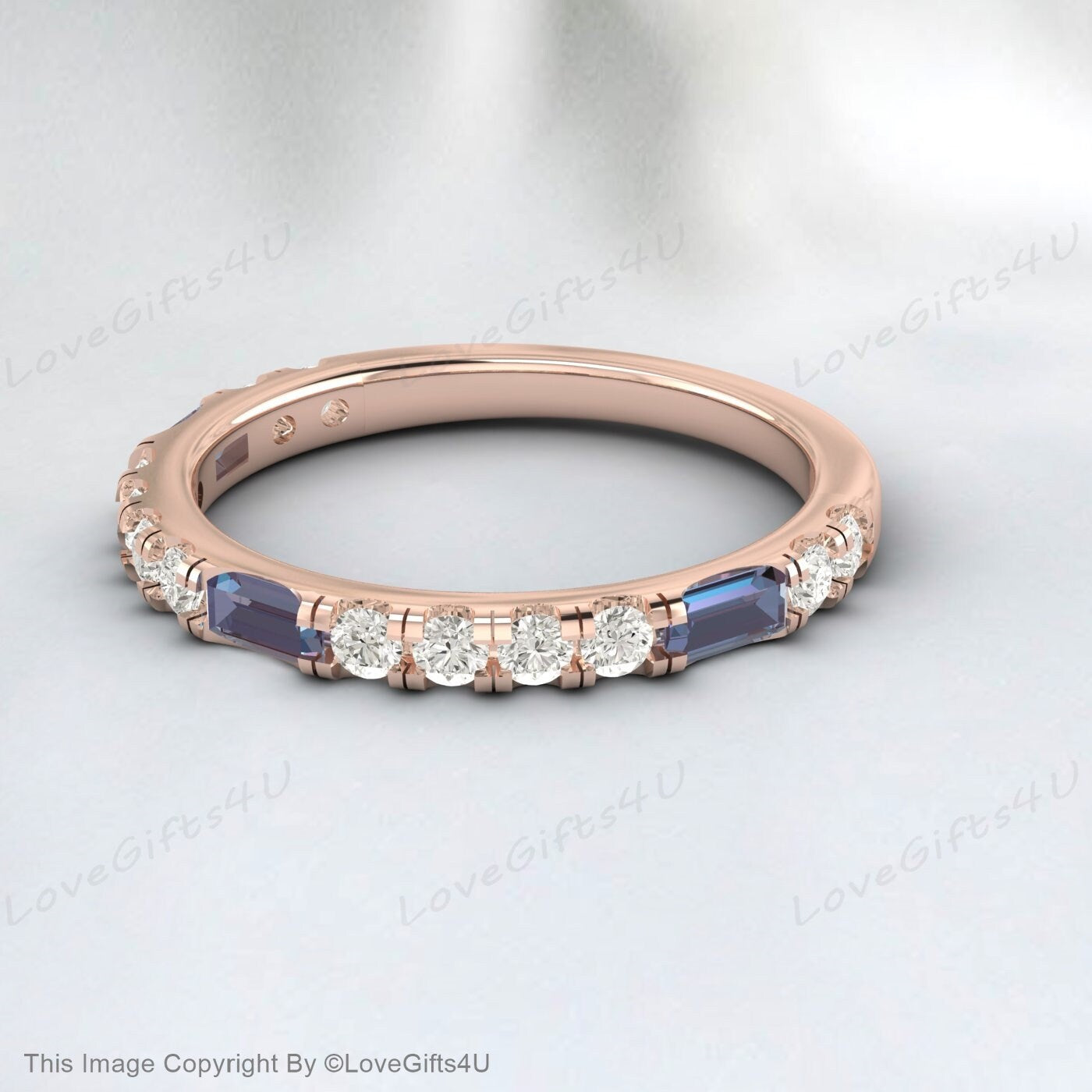 Baguette Alexandrite Ring White Gold Diamond Ring Half Eternity Band