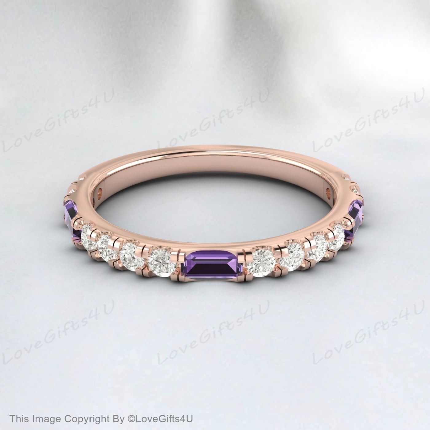 Baguette Amethyst Diamond Rose Gold Ring Half Eternity Wedding Band