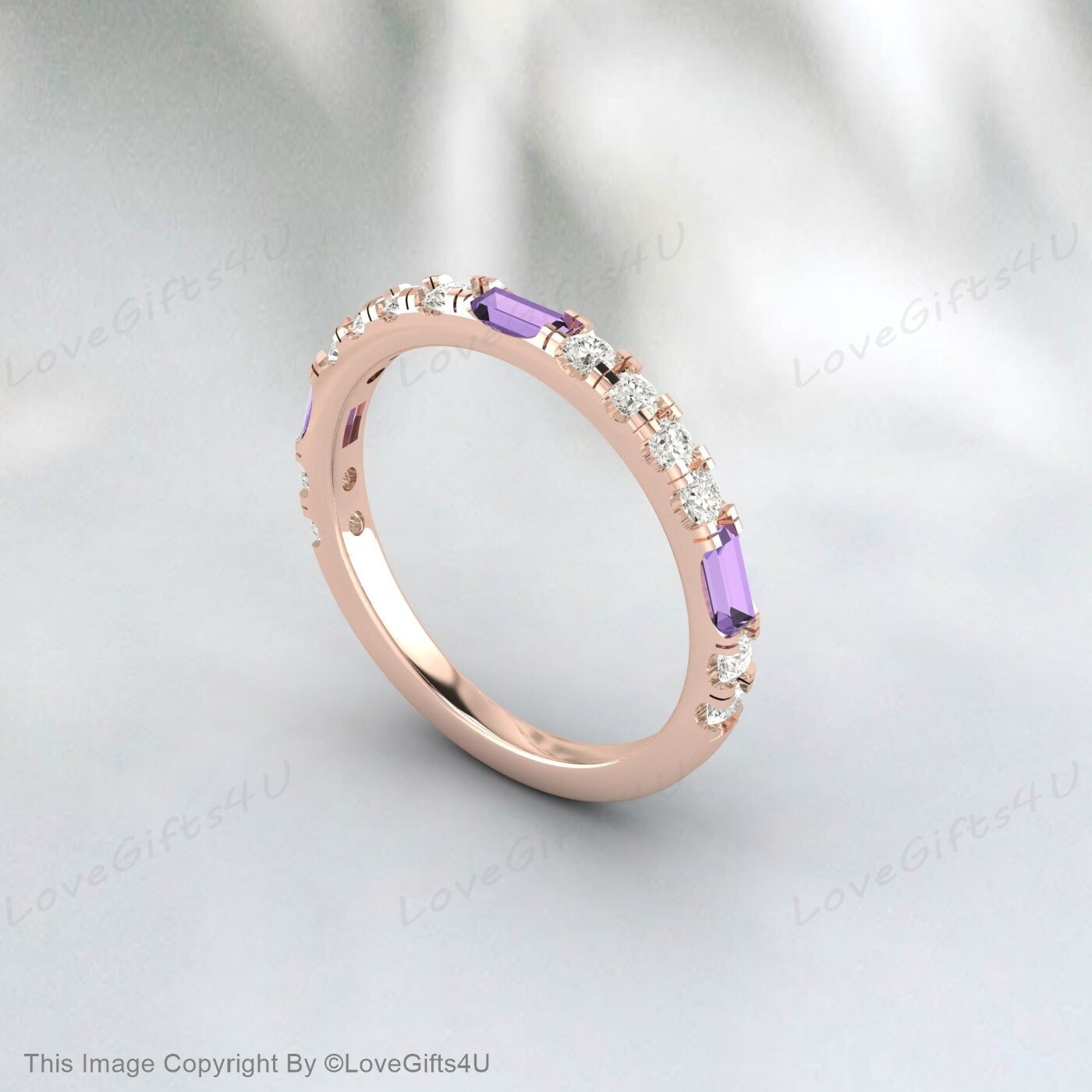 Baguette Amethyst Diamond Rose Gold Ring Half Eternity Wedding Band