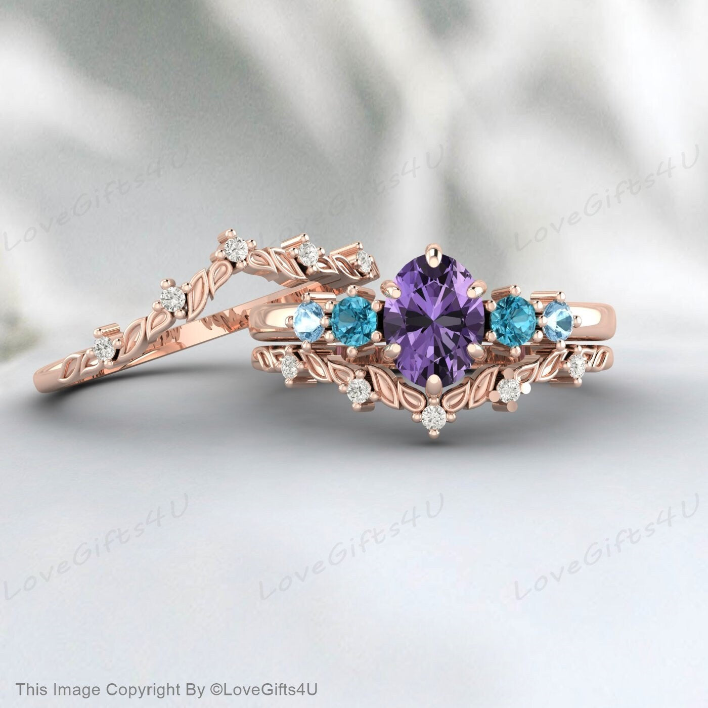 Ovales Amethyst-Verlobungsring-Set, Twist-Hochzeits-Rankenzweig-Ring-Set