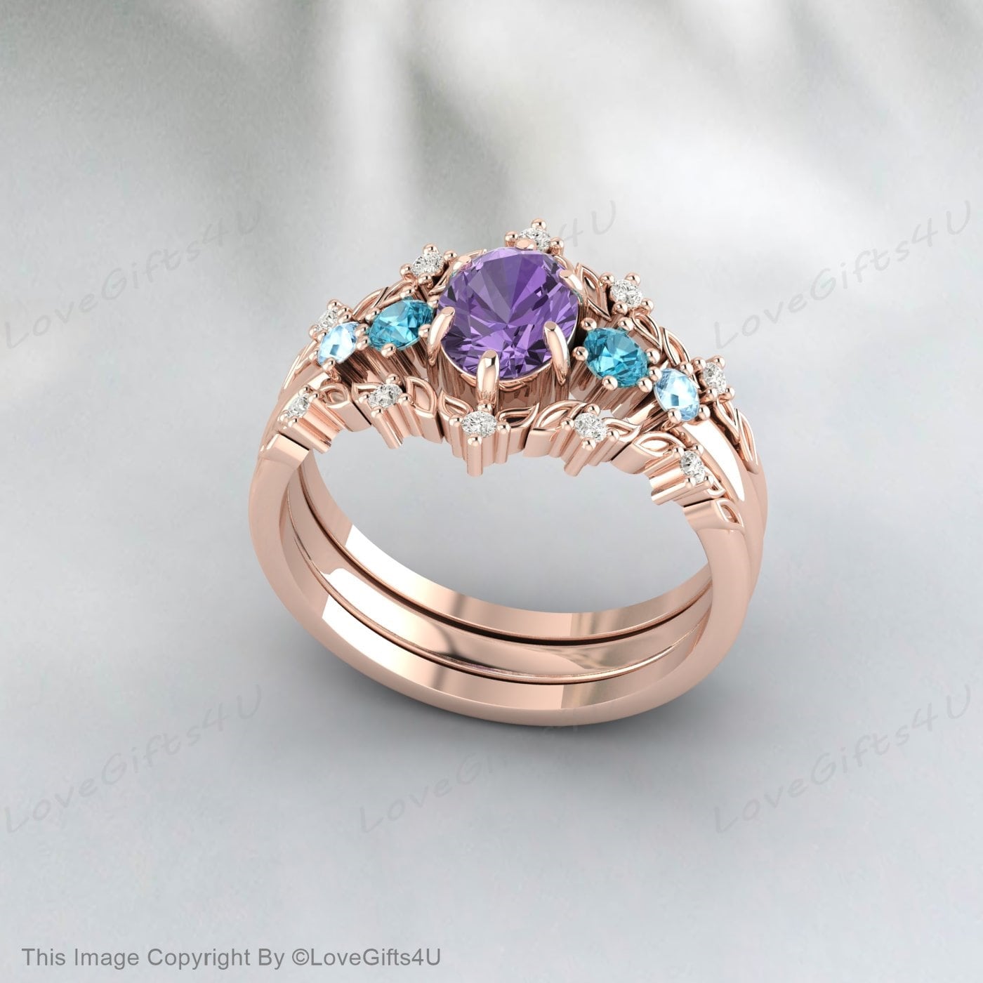 Ovales Amethyst-Verlobungsring-Set, Twist-Hochzeits-Rankenzweig-Ring-Set