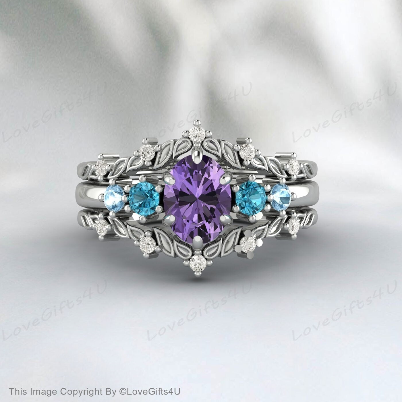 Ovales Amethyst-Verlobungsring-Set, Twist-Hochzeits-Rankenzweig-Ring-Set