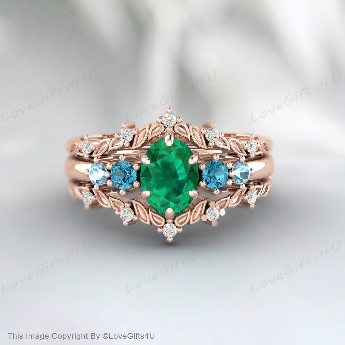 Nature Inspired Leaf Oval Emerald Wedding Ring Set Engagement Ring