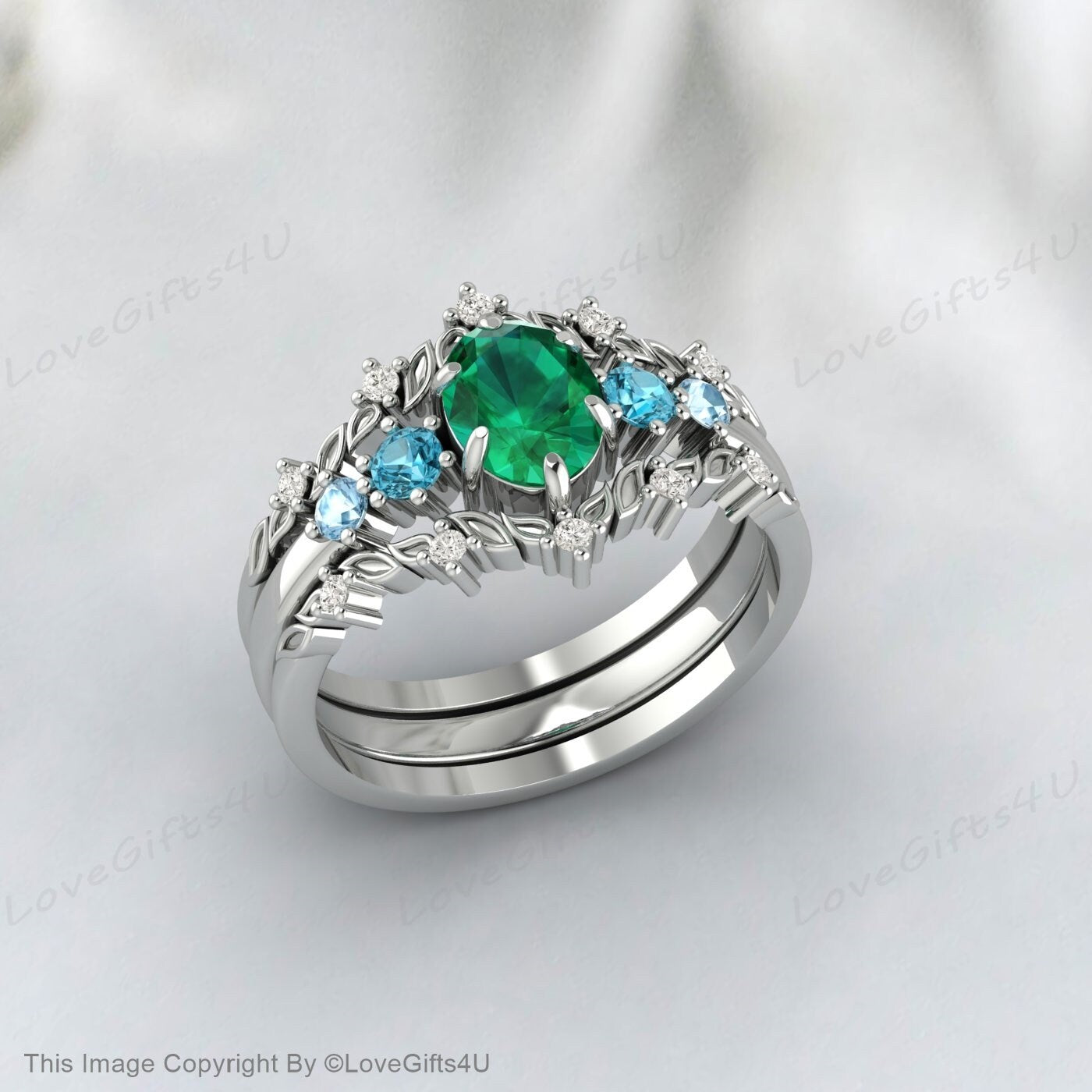 Nature Inspired Leaf Oval Emerald Wedding Ring Set Engagement Ring