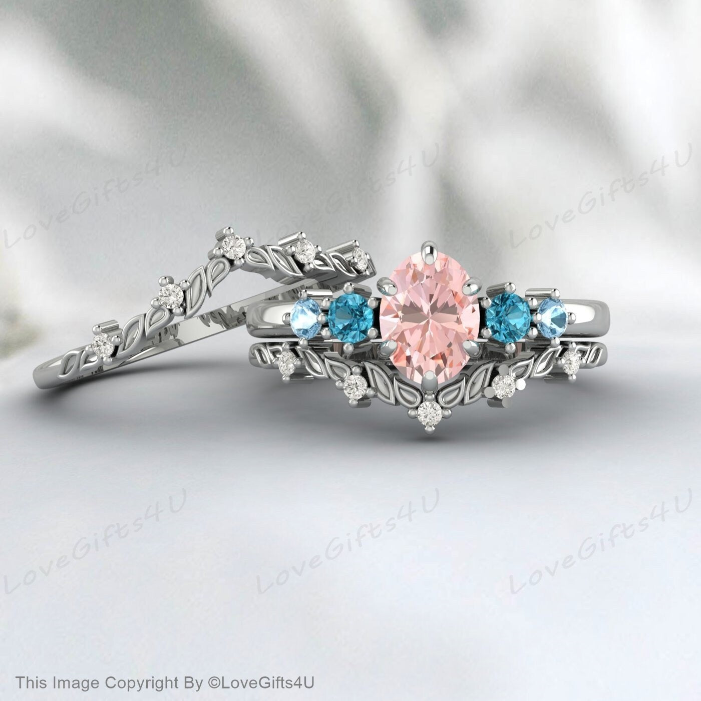 Oval Morganite Engagement Ring Set Vintage Halo Diamond Wedding Band