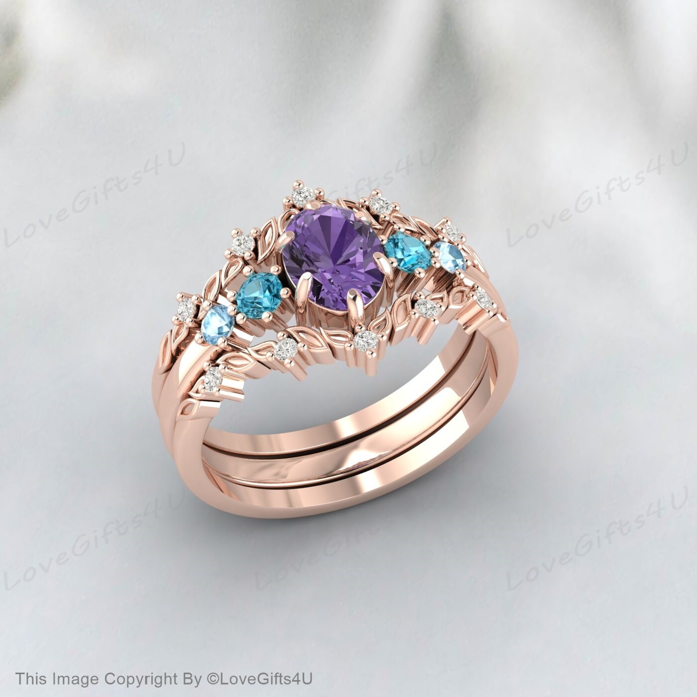 Ovales Amethyst-Verlobungsring-Set, Twist-Hochzeits-Rankenzweig-Ring-Set