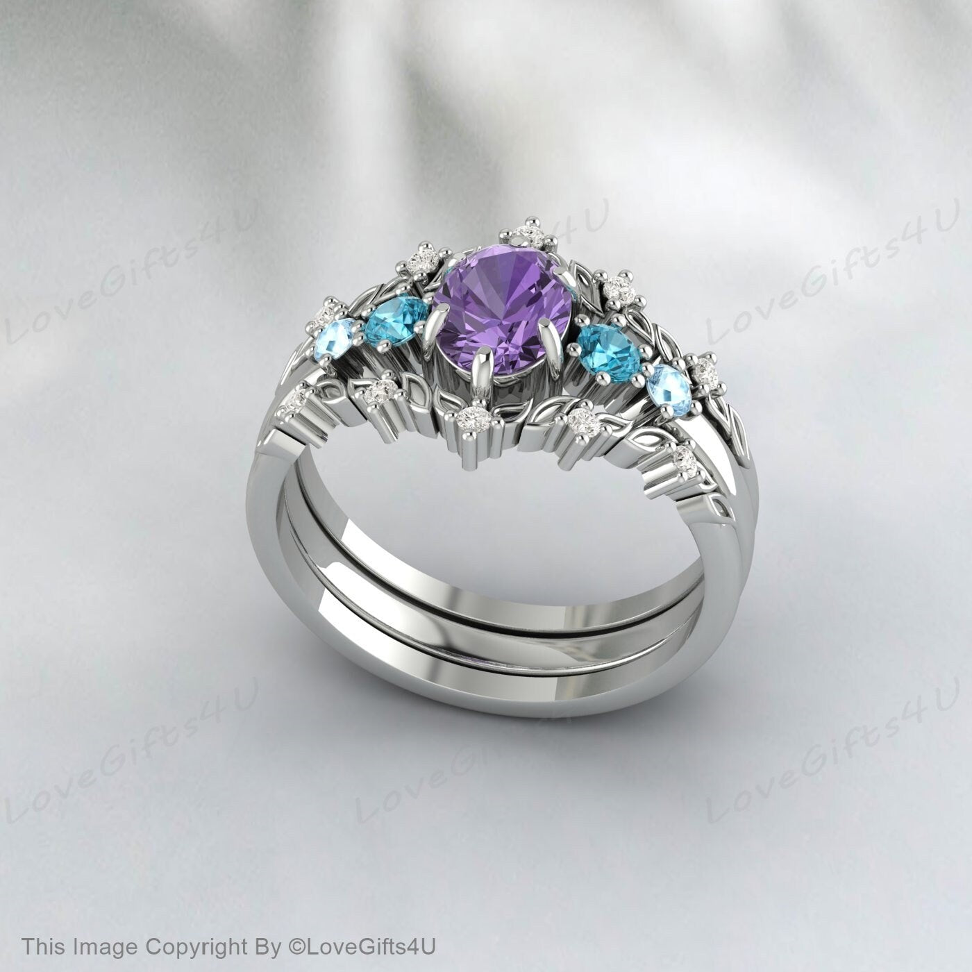 Ovales Amethyst-Verlobungsring-Set, Twist-Hochzeits-Rankenzweig-Ring-Set