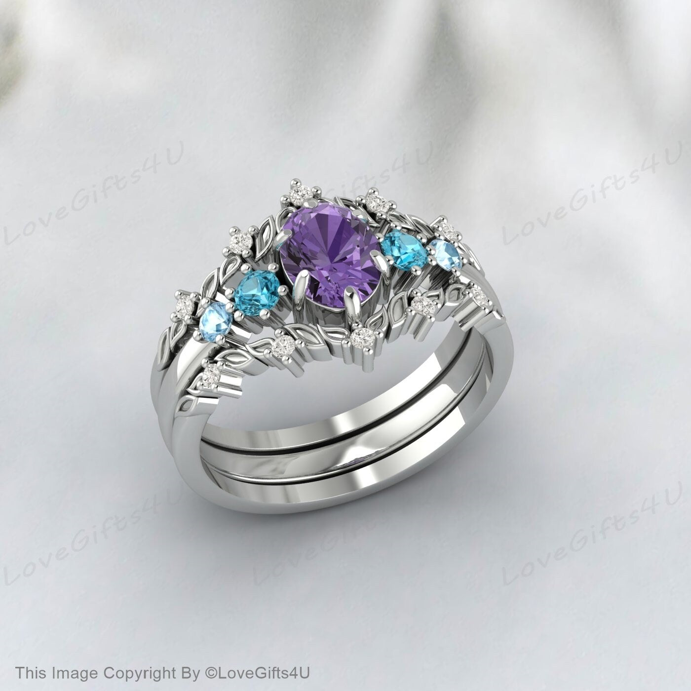 Ovales Amethyst-Verlobungsring-Set, Twist-Hochzeits-Rankenzweig-Ring-Set