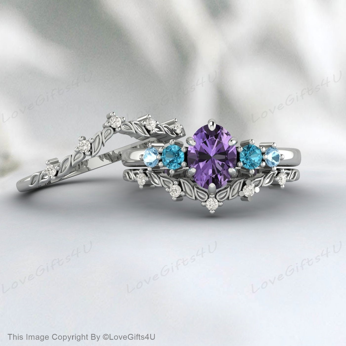 Ovales Amethyst-Verlobungsring-Set, Twist-Hochzeits-Rankenzweig-Ring-Set