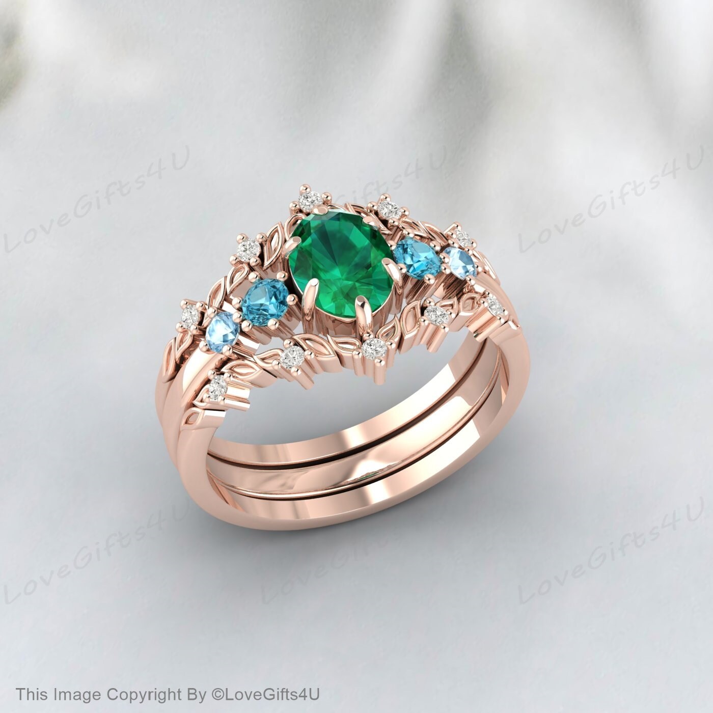 Nature Inspired Leaf Oval Emerald Wedding Ring Set Engagement Ring