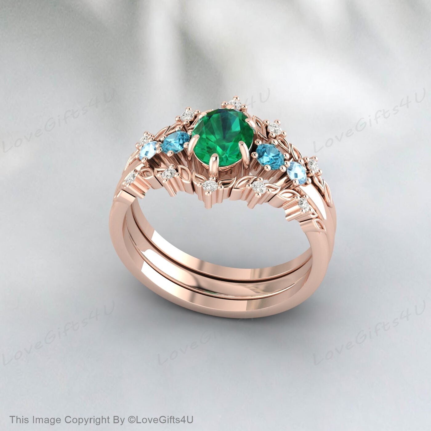 Nature Inspired Leaf Oval Emerald Wedding Ring Set Engagement Ring