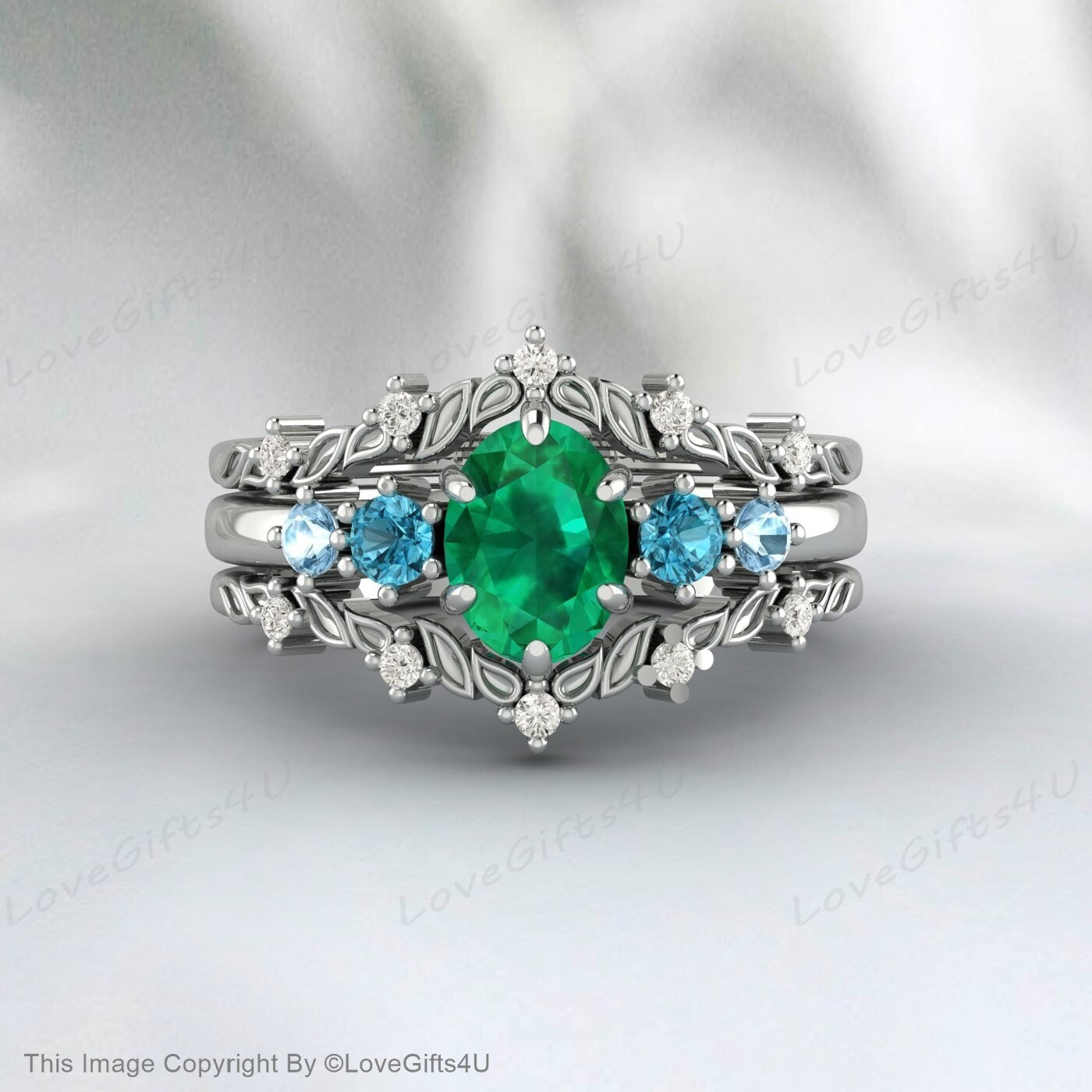 Nature Inspired Leaf Oval Emerald Wedding Ring Set Engagement Ring