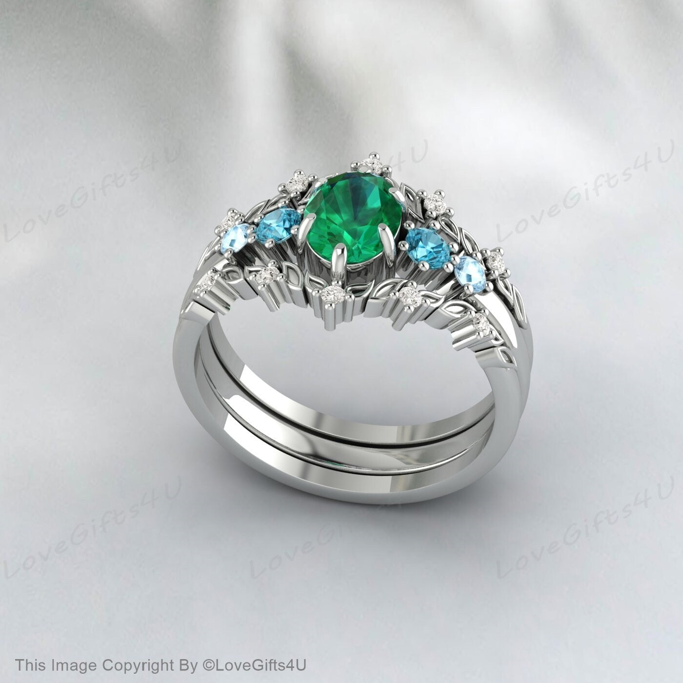 Nature Inspired Leaf Oval Emerald Wedding Ring Set Engagement Ring