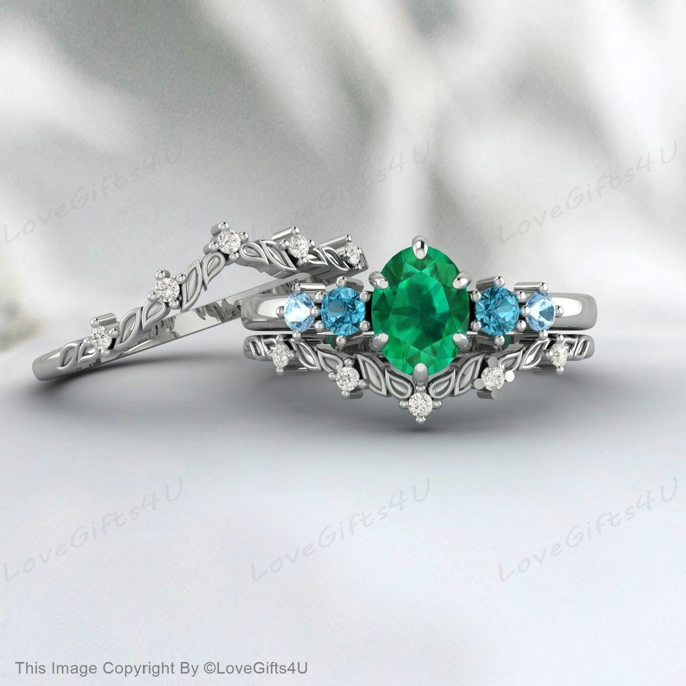 Nature Inspired Leaf Oval Emerald Wedding Ring Set Engagement Ring