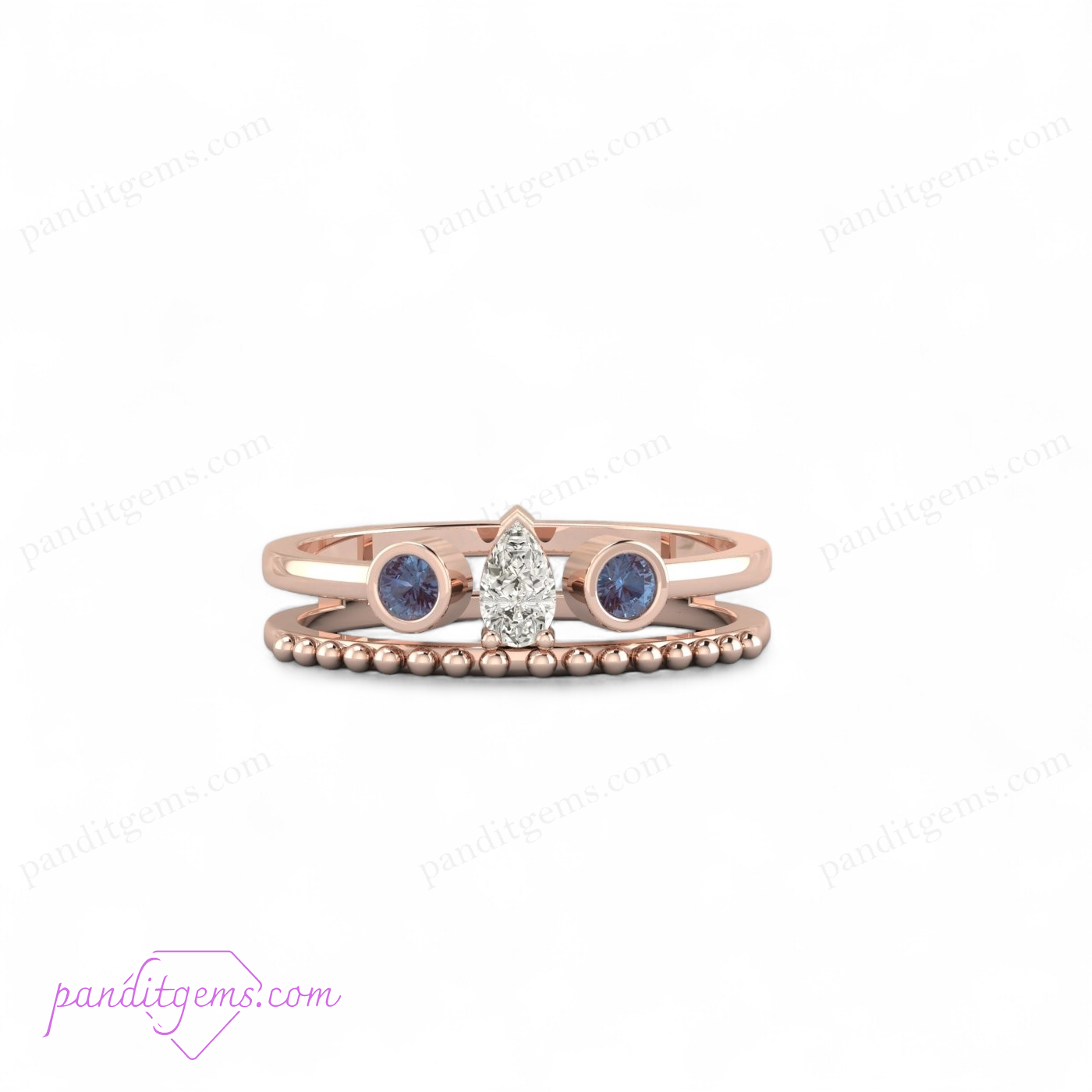 14K Yellow Gold Alexandrite Pear Diamond Ring Enhancer Set with Beaded Shank.