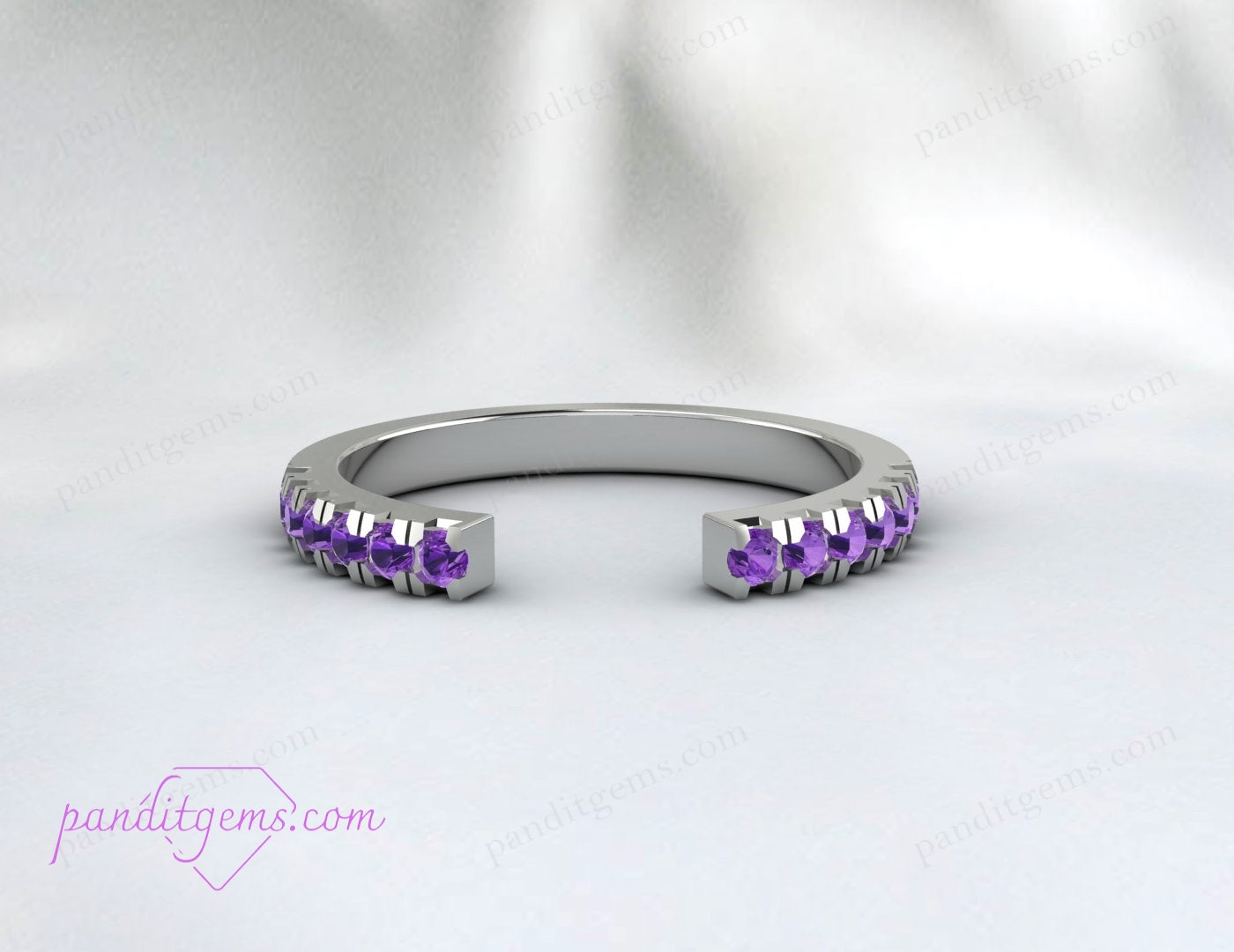 14K rose gold ring with open gap design and vibrant purple amethyst centerpiece.