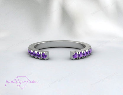 14K rose gold ring with open gap design and vibrant purple amethyst centerpiece.
